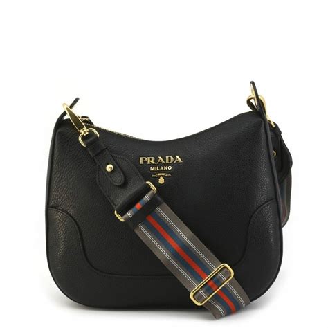 Prada Vitello Phenix Black Leather Web Stripe 